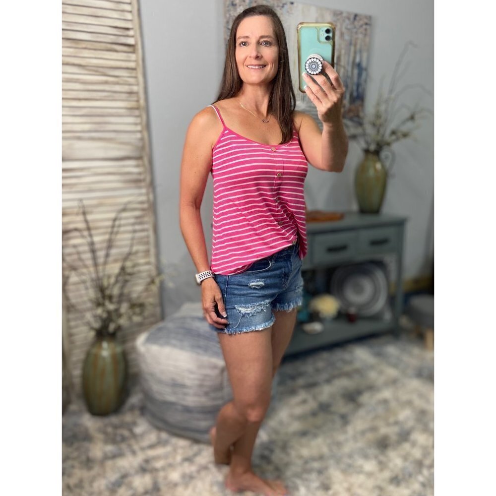 ❤️‍🔥Striped Scoop Neck Faux Button Floaty Adjustable Summer Tank Pink 2022